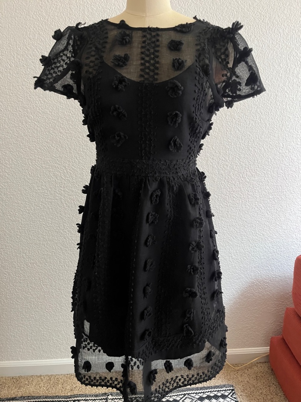 Sunday in Brooklyn Black Textured Floral-Appliqué Midi Dress